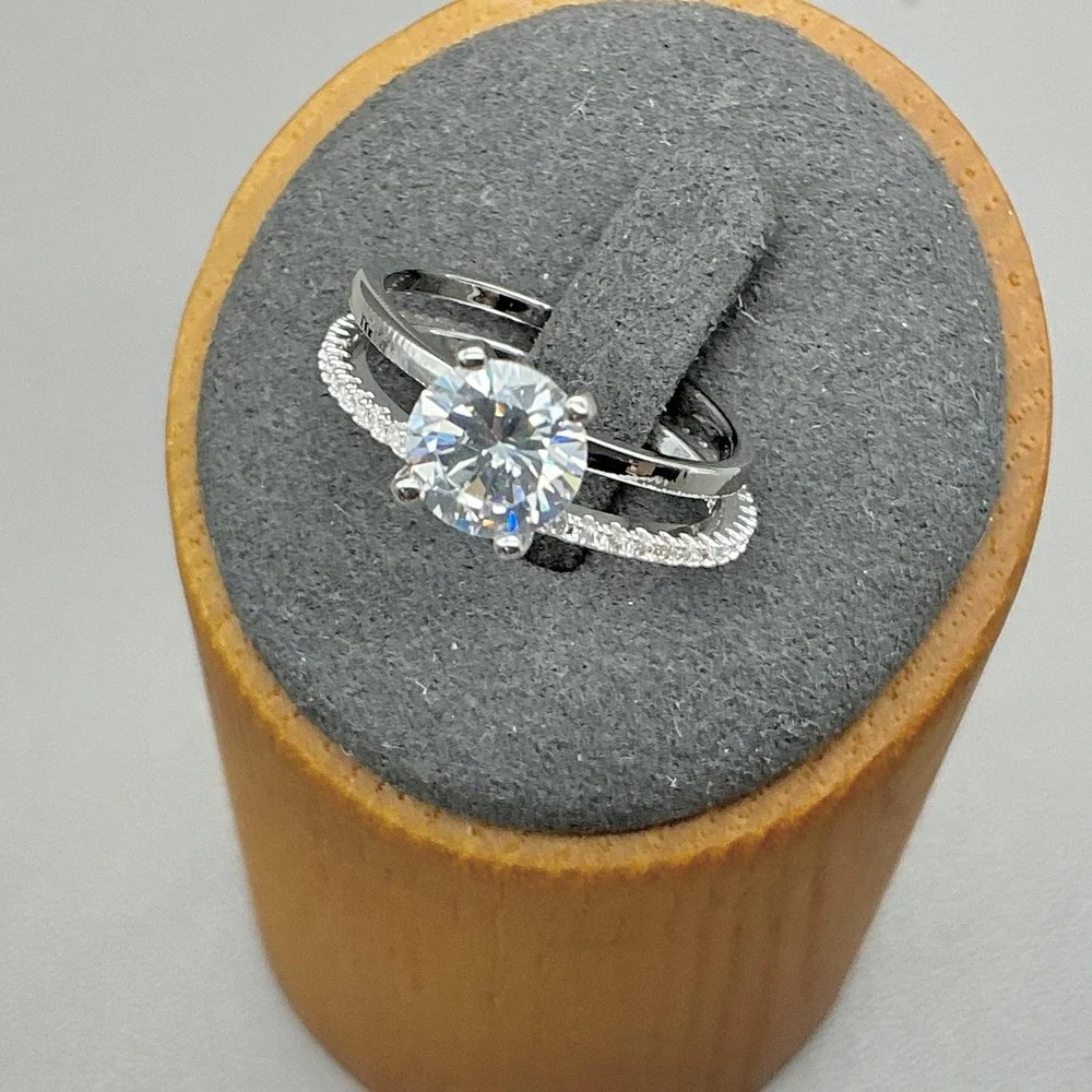 Ring Size 6.25 Silver Tone Clear Round Solitaire 2 Band Bridal Cocktail Womens